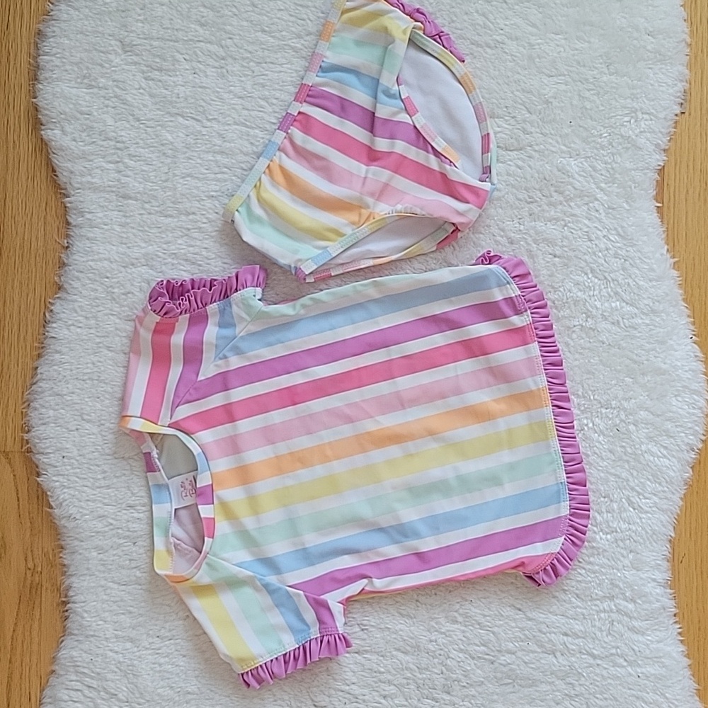 Ruffle Butts Rainbow Dream Short Sleeve Rashguard 2-Piece Swimsuit | 2T